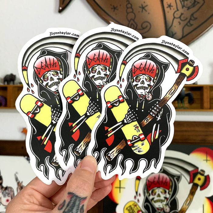 American traditional tattoo flash Santa Cruz Skateboard Reaper watercolor sticker.