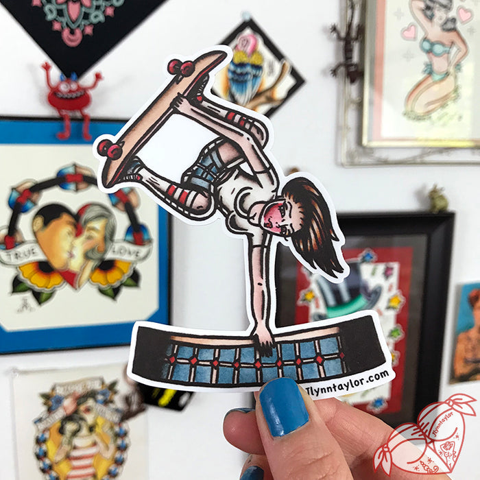 American Traditional tattoo flash skateboard pinup sticker.