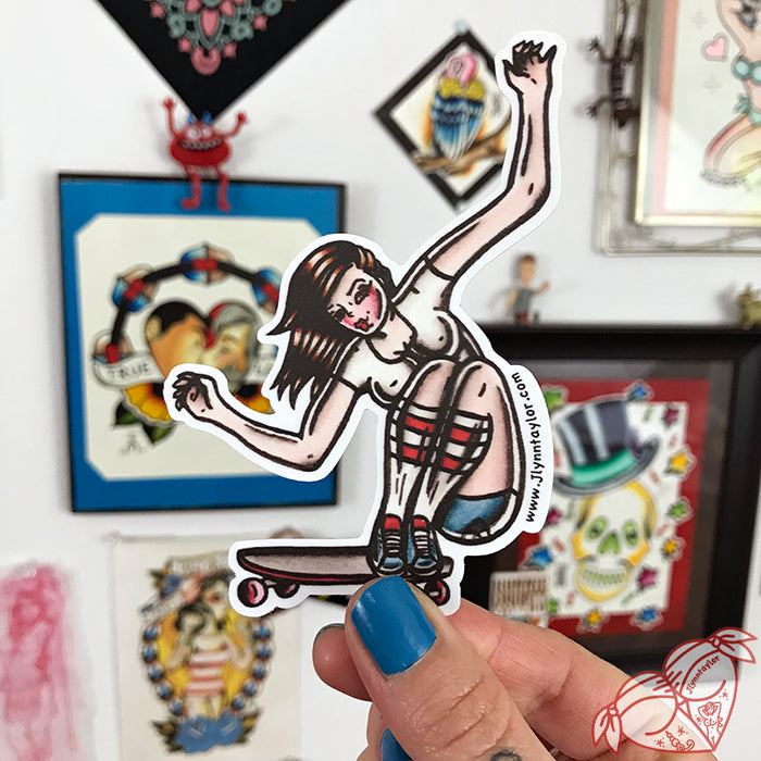American Traditional tattoo flash skateboard pinup sticker.