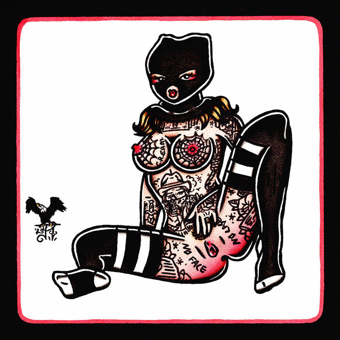 American traditional tattoo flash Naughty Ski Mask robber Pinup ink and watercolor painting.