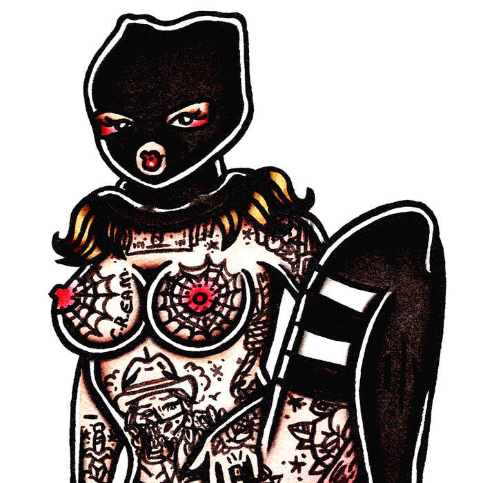 American traditional tattoo flash Naughty Ski Mask robber Pinup ink and watercolor painting.