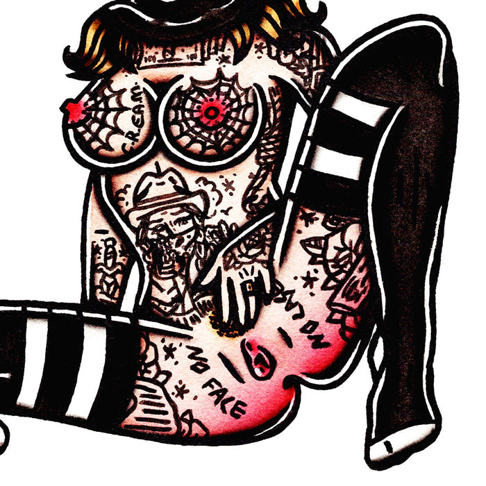 American traditional tattoo flash Naughty Ski Mask robber Pinup ink and watercolor painting.