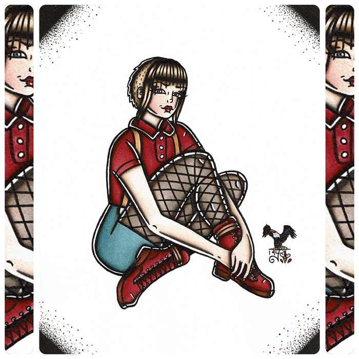 American Traditional tattoo flash sexy traditional skinhead skinbyrd pinup spitshade painting.