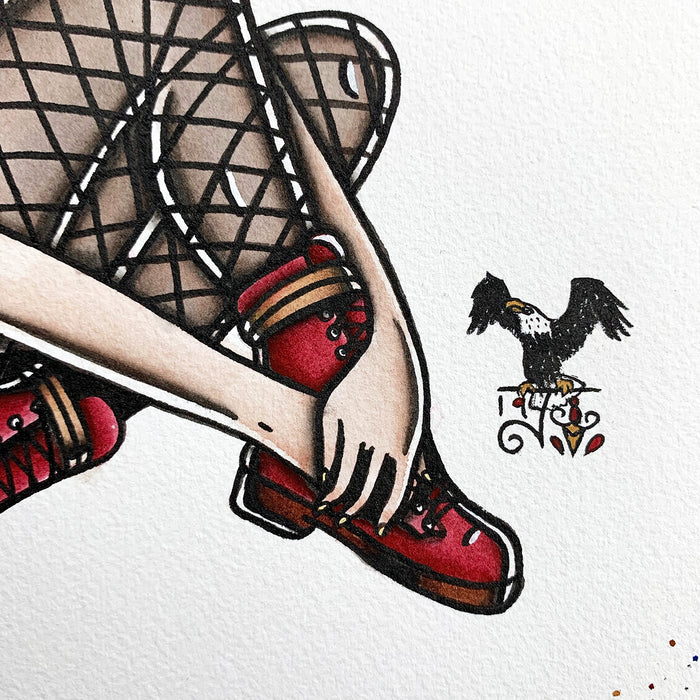 American Traditional tattoo flash sexy traditional skinhead skinbyrd pinup spitshade painting.
