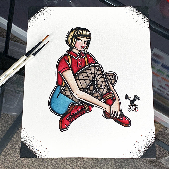 American Traditional tattoo flash sexy traditional skinhead skinbyrd pinup spitshade painting.