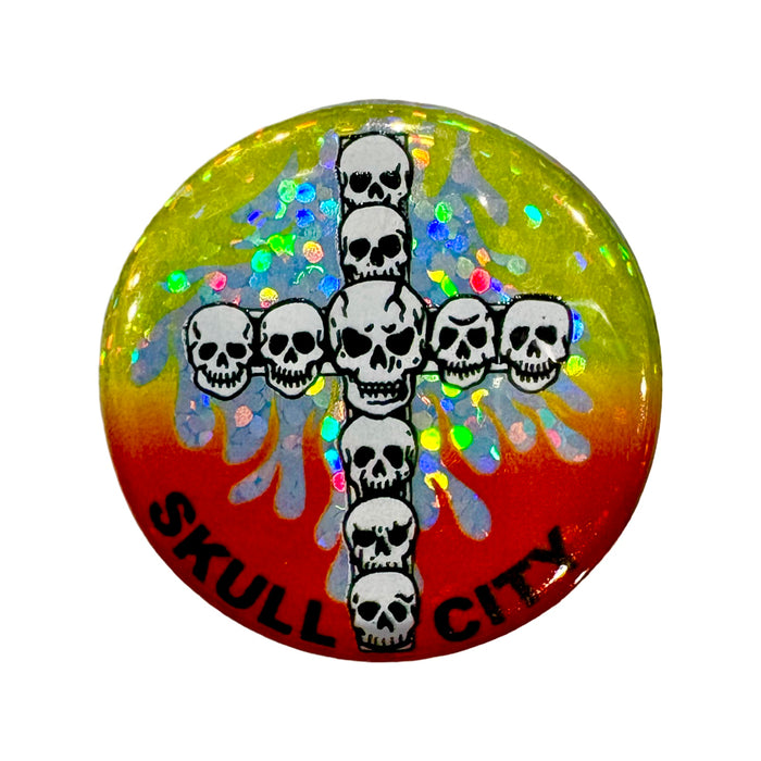 Skull Cross 1.25” Glitter Button