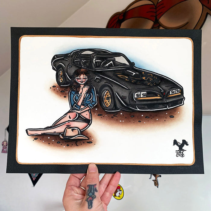 American traditional tattoo flash Smokey and the Bandit Pinup Trans Am watercolor painting.