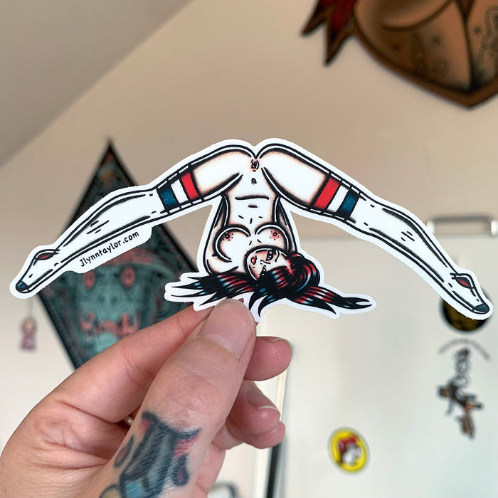 American traditional tattoo flash naughty sock splits pinup watercolor sticker.