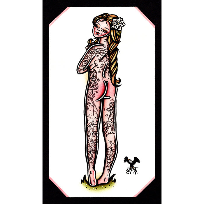 American traditional tattoo flash hand painting Southern Belle nude pinup watercolor painting.