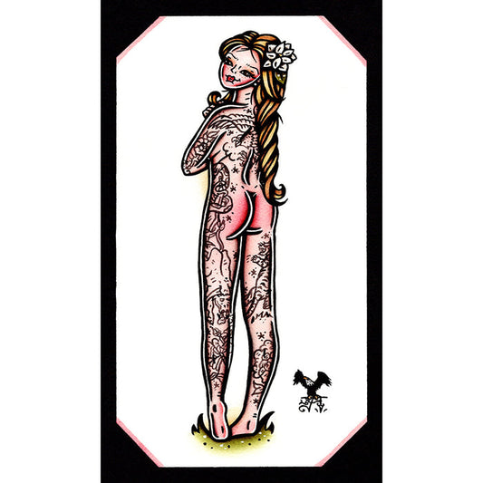 American traditional tattoo flash hand painting Southern Belle nude pinup watercolor painting.