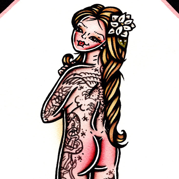 American traditional tattoo flash hand painting Southern Belle nude pinup watercolor painting.