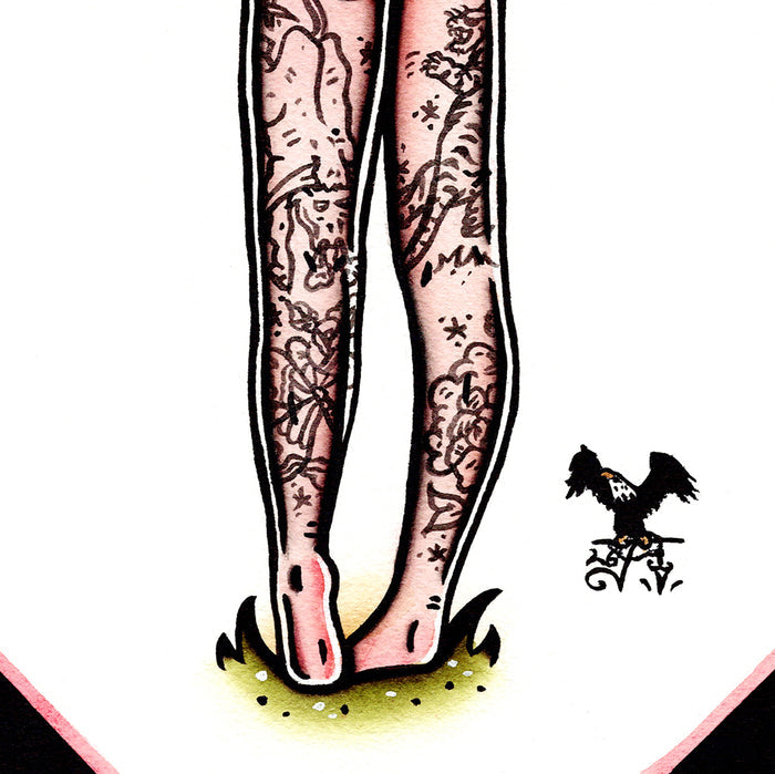American traditional tattoo flash hand painting Southern Belle nude pinup watercolor painting.