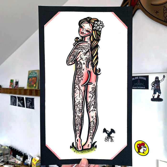 American traditional tattoo flash hand painting Southern Belle nude pinup watercolor painting.