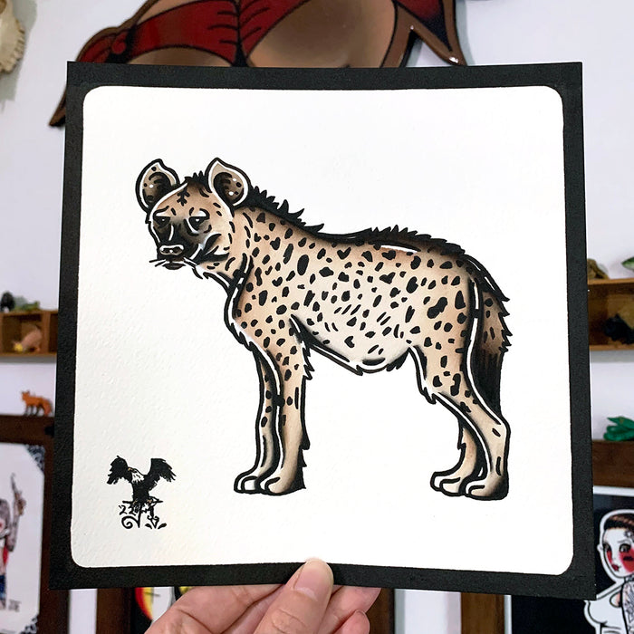 American traditional tattoo flash wildlife illustration Spotted Hyena ink and watercolor painting.