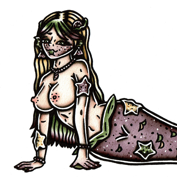 American traditional tattoo flash Starfish Mermaid Pinup watercolor painting.
