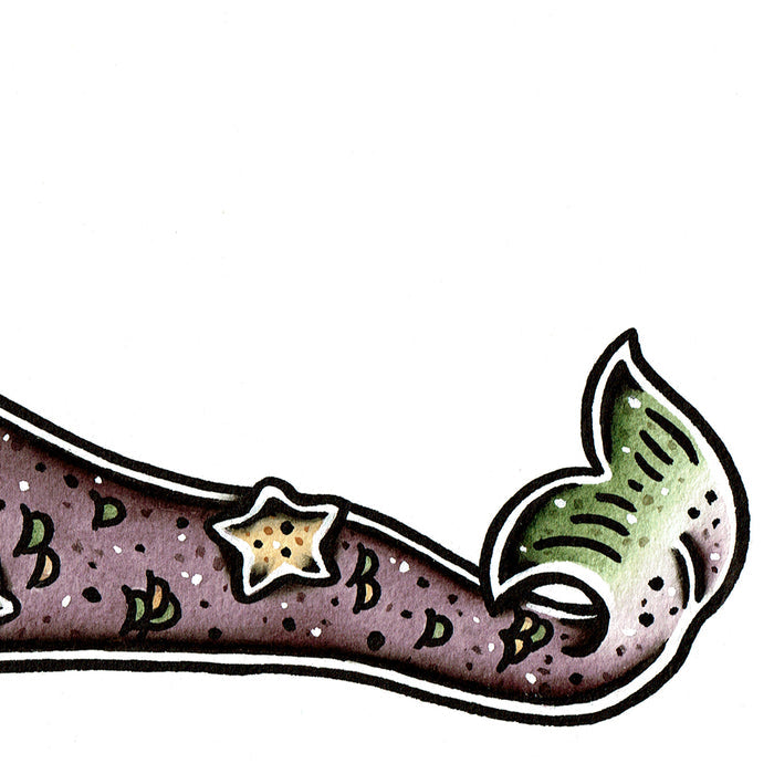 American traditional tattoo flash Starfish Mermaid Pinup watercolor painting.