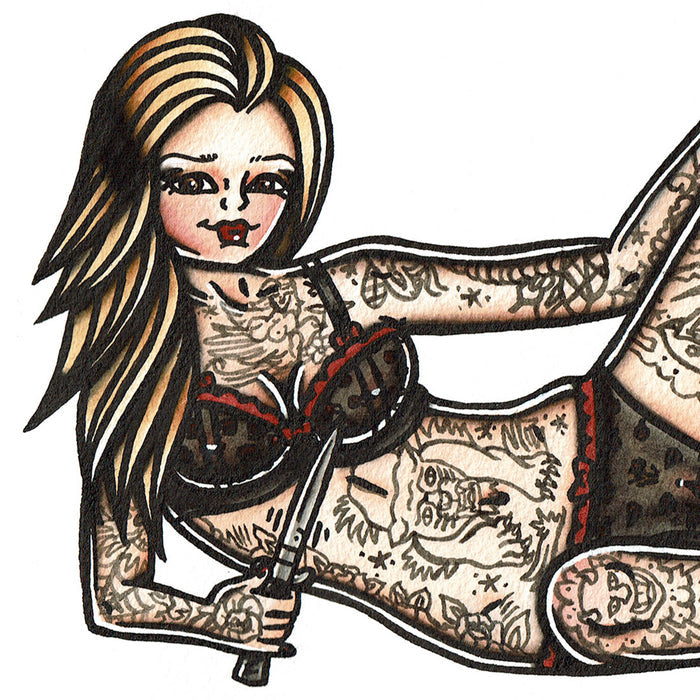 American traditional tattoo flash Italian Stiletto Switchblade Pinup watercolor painting.