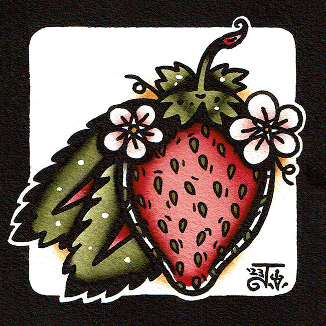 American traditional tattoo flash Strawberry watercolor illustration painting.