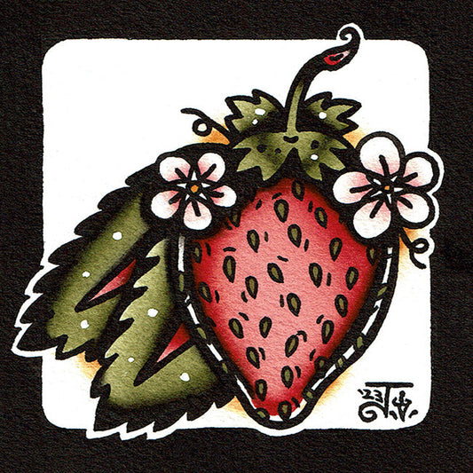 American traditional tattoo flash Strawberry watercolor illustration painting.
