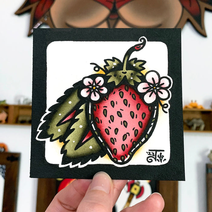 American traditional tattoo flash Strawberry watercolor illustration painting.