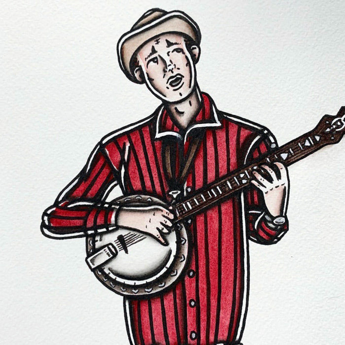 American Traditional tattoo flash sexy traditional banjo player David Stringbean Akeman spitshade painting.