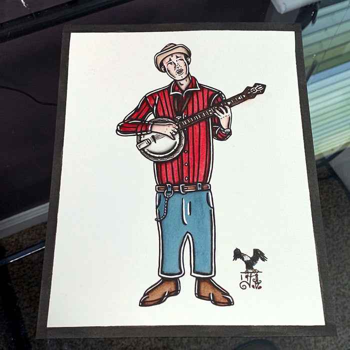 American Traditional tattoo flash sexy traditional banjo player David Stringbean Akeman spitshade painting.