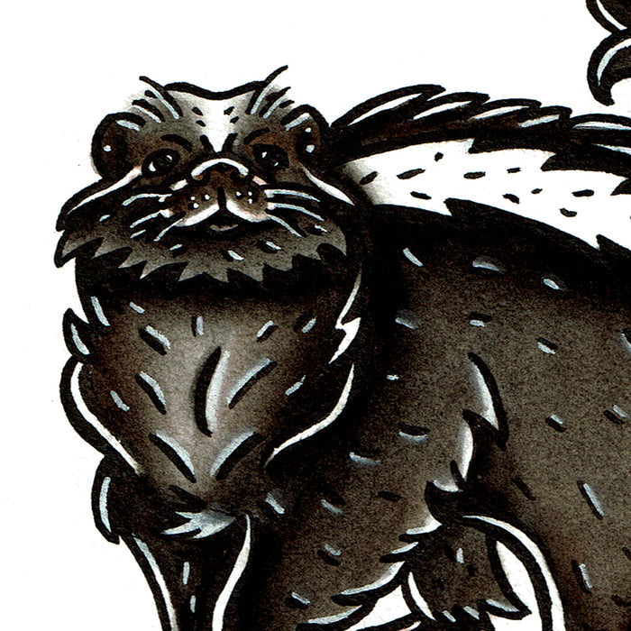 American traditional tattoo flash wildlife illustration Striped Skunk ink and watercolor painting.