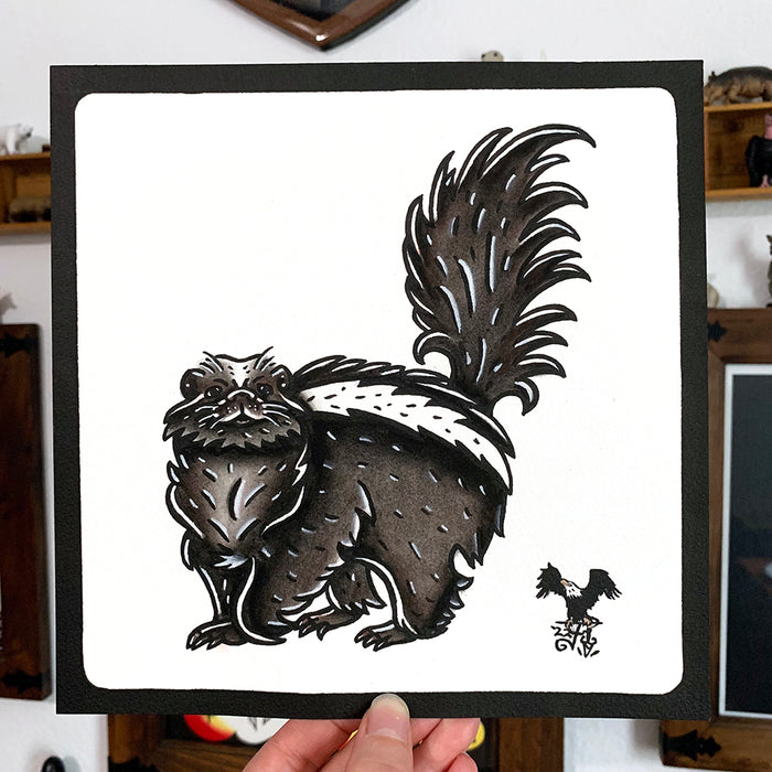 American traditional tattoo flash wildlife illustration Striped Skunk ink and watercolor painting.