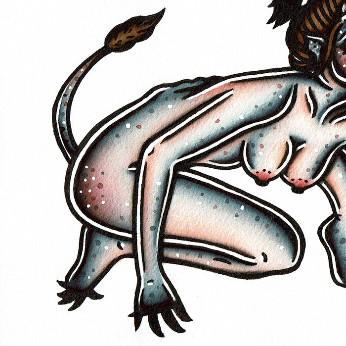 American traditional tattoo flash Succubus Pinup watercolor painting.