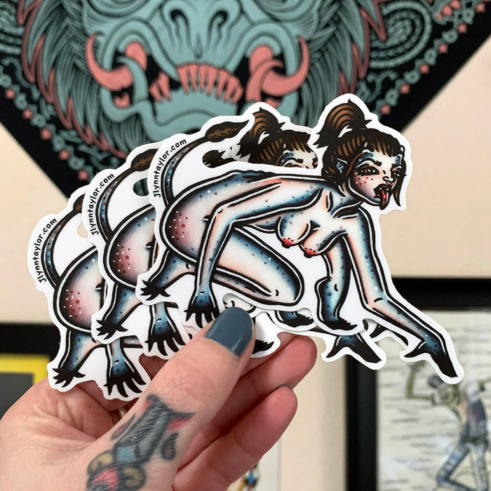 American traditional tattoo flash Succubus Demon Devil Pinup watercolor sticker.