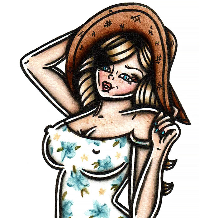 American Traditional tattoo flash Sundress Pinup watercolor painting.