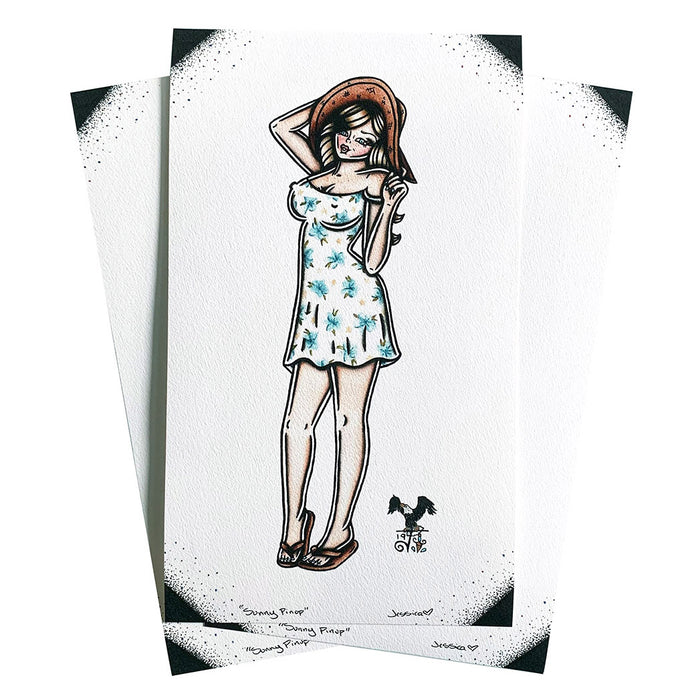 American traditional tattoo flash beachy sun dress pinup print.