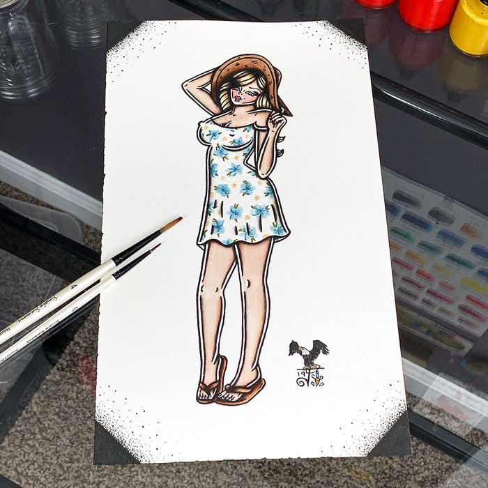 American traditional tattoo flash beachy sun dress pinup print.