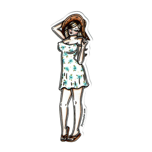American Traditional tattoo flash sundress pinup watercolor sticker.