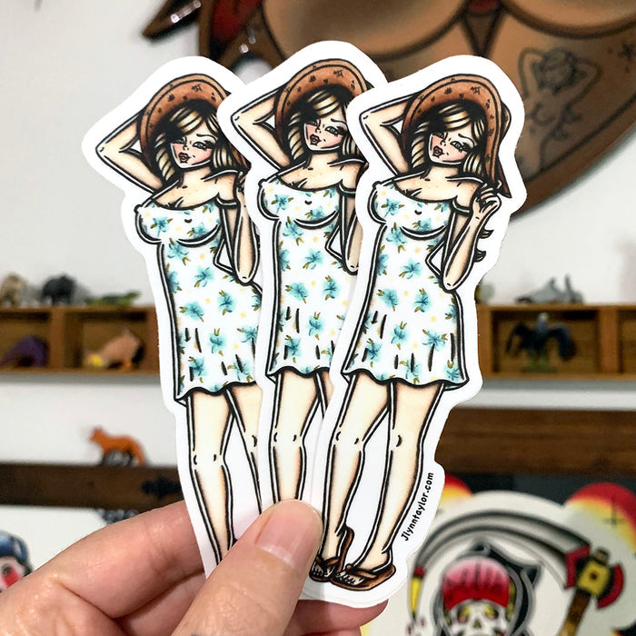 American Traditional tattoo flash sundress pinup watercolor sticker.