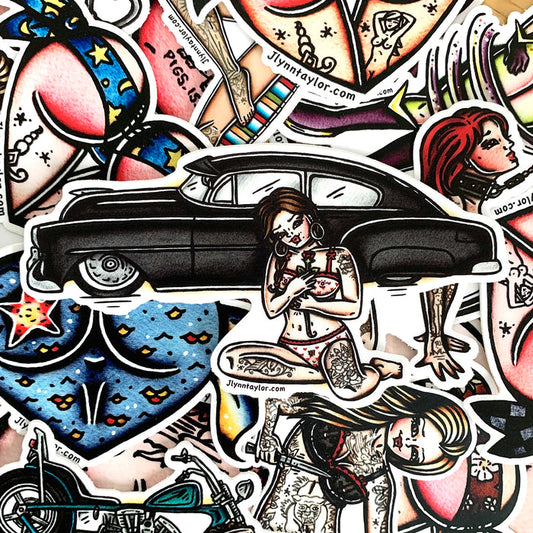American traditional tattoo flash illustration Chevy Fleetline pinup watercolor stickers surprise pack.