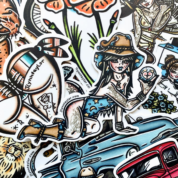 American traditional tattoo flash illustration Wizard pinup watercolor stickers surprise pack.