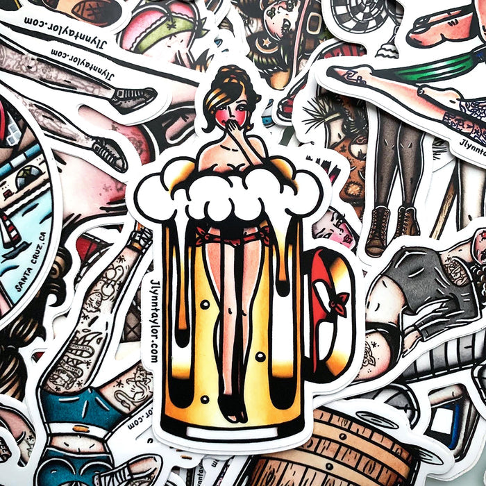 American traditional tattoo flash illustration Beer pinup watercolor stickers surprise pack.