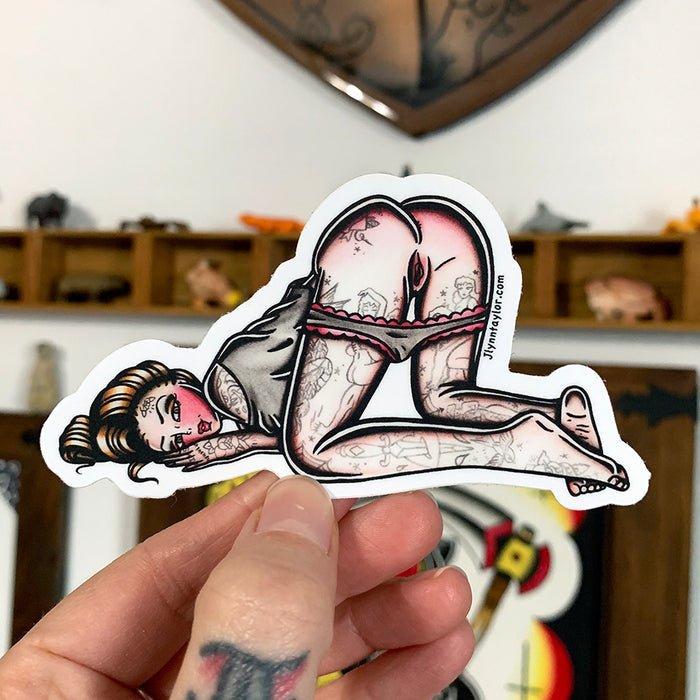 American traditional tattoo flash naughty Sweet Dreams Pinup watercolor sticker.