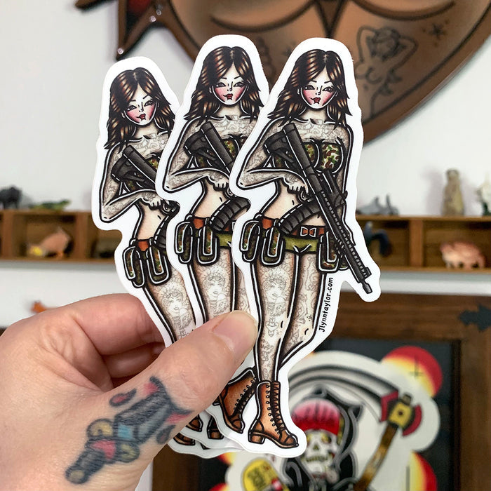 American traditional tattoo flash Tactical Rifle Pinup watercolor sticker.