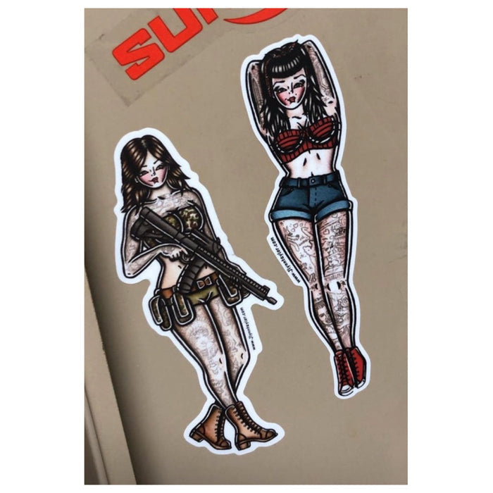American traditional tattoo flash Tactical Rifle Pinup watercolor sticker.