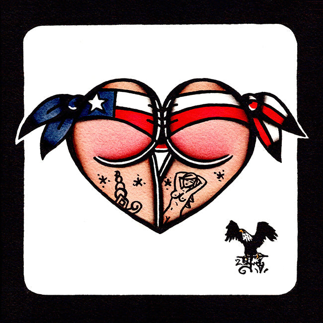 American traditional tattoo flash Texas Flag Scrunch Butt Bikini Booty Heart watercolor painting.
