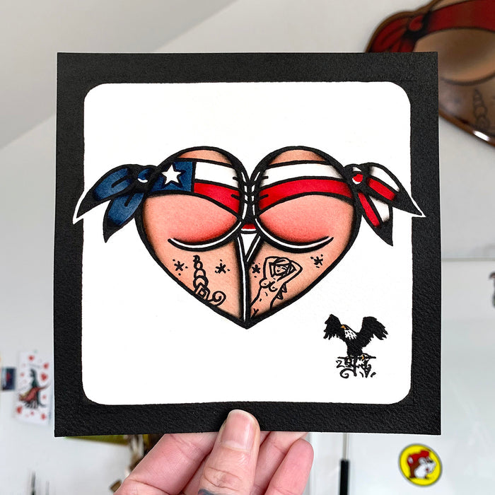 American traditional tattoo flash Texas Flag Scrunch Butt Bikini Booty Heart watercolor painting.