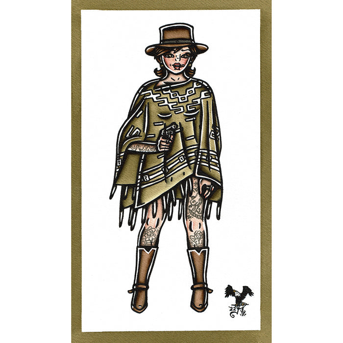American traditional tattoo flash vaquero the woman with no name pinup watercolor painting.