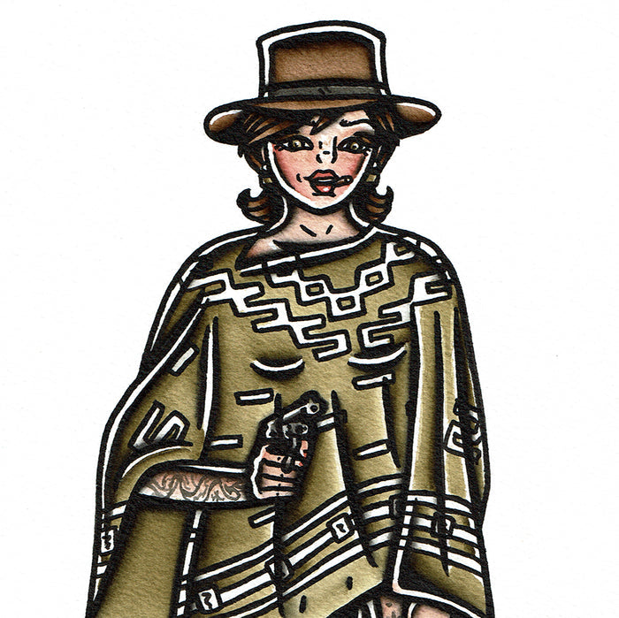 American traditional tattoo flash vaquero the woman with no name pinup watercolor painting.