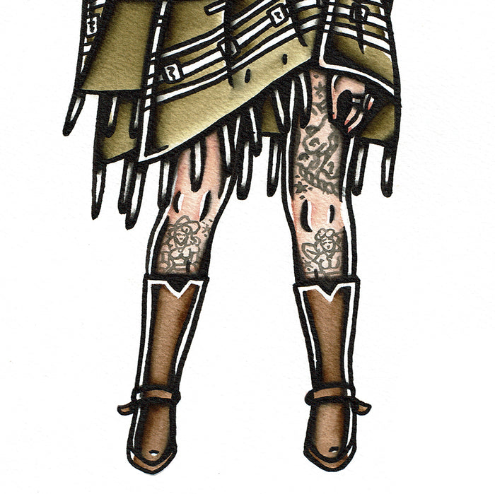 American traditional tattoo flash vaquero the woman with no name pinup watercolor painting.