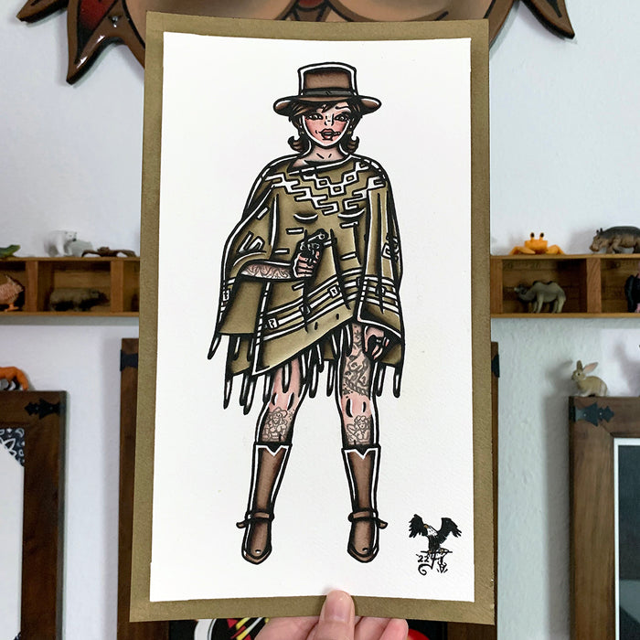 American traditional tattoo flash vaquero the woman with no name pinup watercolor painting.