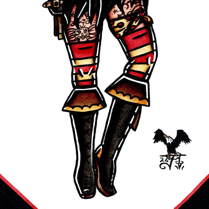 American traditional tattoo flash hand painted topless Pirate Pinup watercolor painting.