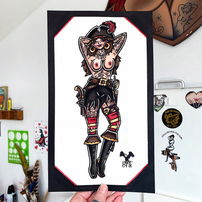 American traditional tattoo flash hand painted topless Pirate Pinup watercolor painting.