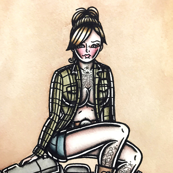 American Traditional tattoo flash sexy Harley-Davidson Twin Cam engine pinup spitshade painting.